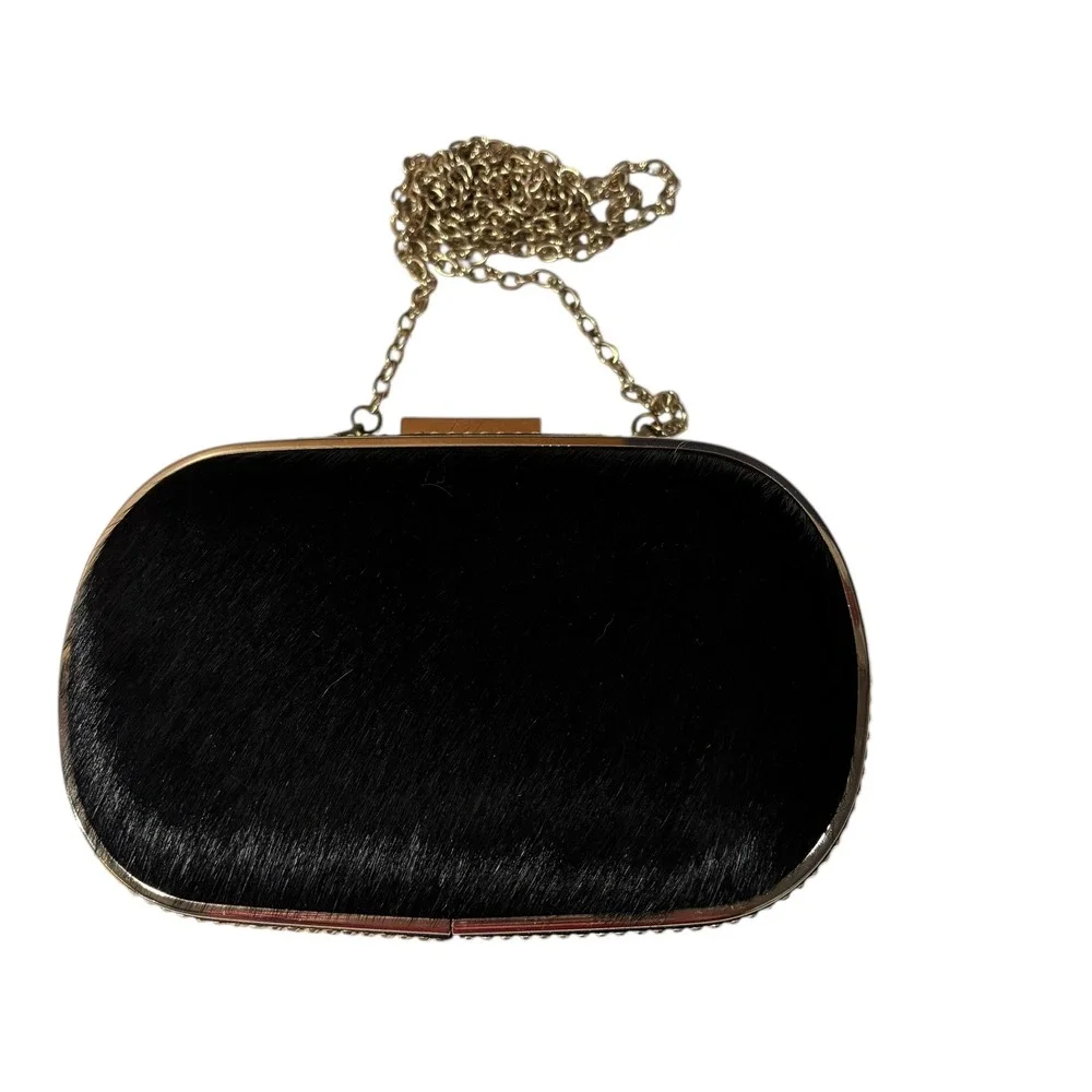 MMS‎ Black Pony Hair Studded Gold Frame Minaudiere Clutch Evening Bag